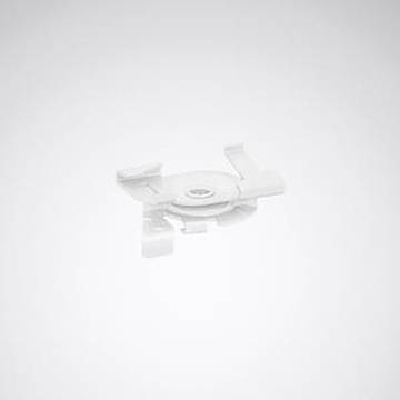 Eine kleine, weiße, abstrakte 3D-Form mit rechteckigen und kreisförmigen Komponenten, die vor einem einfachen grauen Hintergrund schwebt.