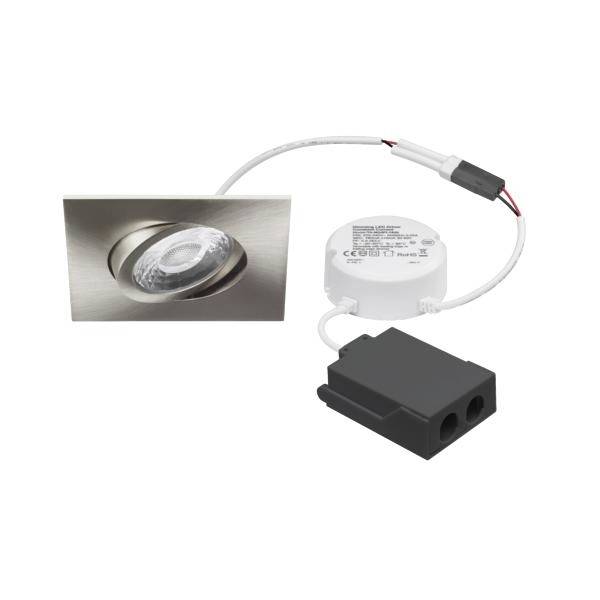 Eingelassene LED-Einbauleuchte mit separatem weißem Treiber und schwarzer Anschlussdose, zeigt die Leuchte und verbundene Komponenten.
