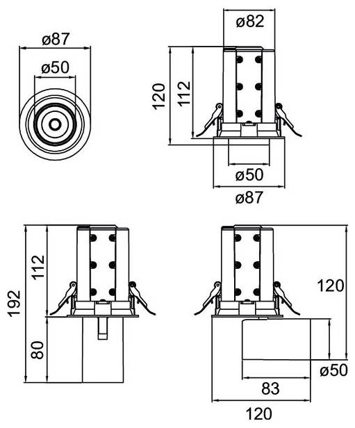 Technische Zeichnung eines zylindrischen Geräts mit Vorder- und Seitenansicht, die Abmessungen ø87, ø82, ø50, 120, 112, 192, 83 und 80 zeigt.
