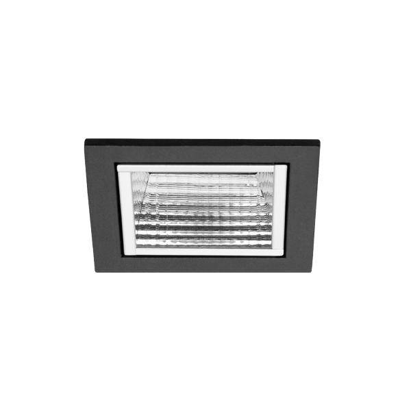 Schwarze rechteckige eingelassene Deckenleuchte mit reflektierendem Glaseinsatz und gerilltem Innenraum