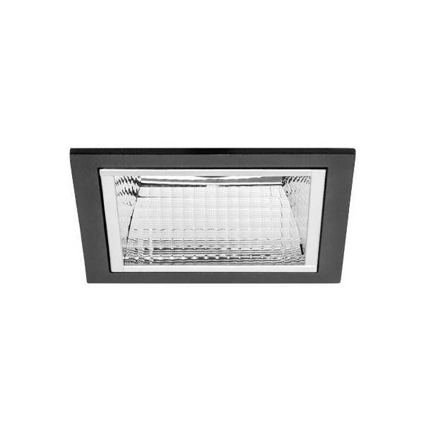 Rechteckige schwarze Einbau-Deckenleuchte mit reflektierendem Innenraum auf weißem Hintergrund.