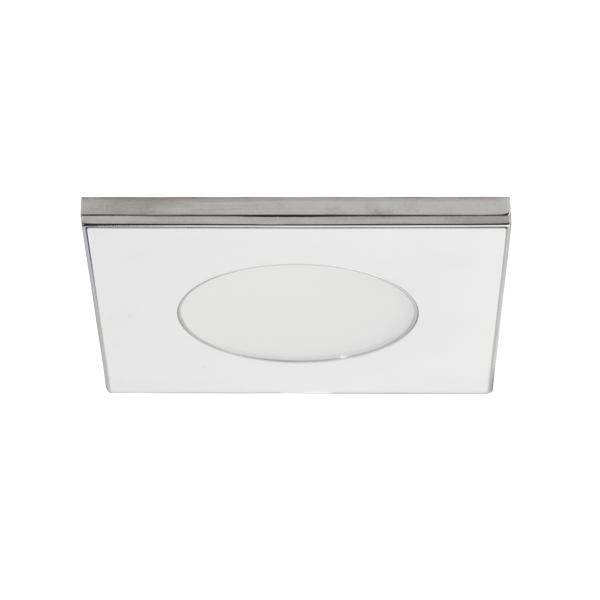 Quadratische weiße Deckenleuchte mit einem zentralen ovalen Diffusor auf neutralem Hintergrund.