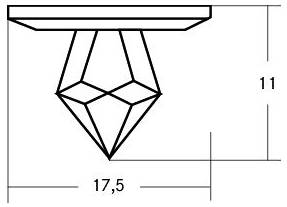 Technische Zeichnung eines facettierten Anhängers oder Edelsteinformats, das an einem horizontalen Balken hängt, mit den Abmessungen 17,5 breit und 11 hoch.