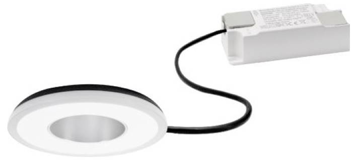 Weiße runde LED-Einbauleuchte verbunden durch ein schwarzes Kabel mit einer rechteckigen Treibereinheit auf weißem Hintergrund.