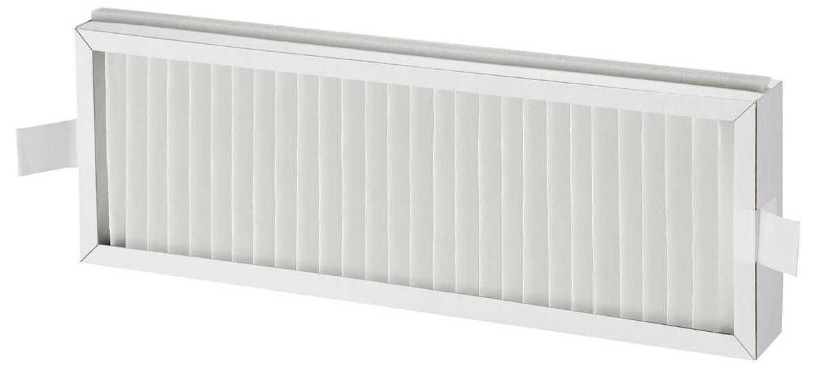 Ein rechteckiger Luftfilter mit weißem Faltengewebe in einem stabilen Rahmen, der zur Luftreinigung in Lüftungs- und Klimaanlagen oder Luftreinigern verwendet wird.