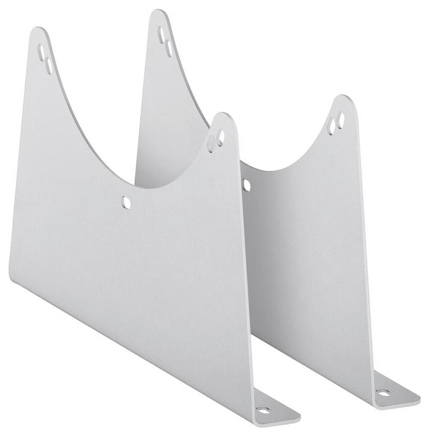 Zwei silberne Metall-Buchstützen mit glatten, geschwungenen Designs und mehreren Löchern oben zur Befestigung oder Anpassung.