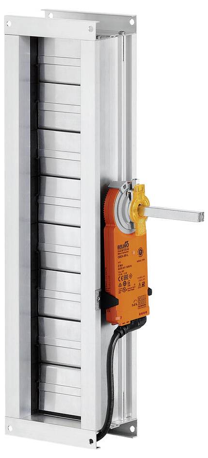 Ein rechteckiger Luftdämpfer mit Metallblättern und einem daran befestigten orangefarbenen Steuergerät, das einen Hebelarm zur manuellen Verstellung aufweist.