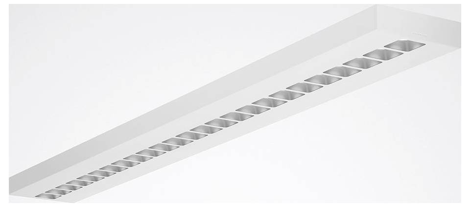 LED-Deckenleuchte in Linearform mit mehreren quadratischen Reflektoren, konzipiert für moderne Büro- oder Heimanwendungen und bietet gleichmäßige Lichtverteilung.