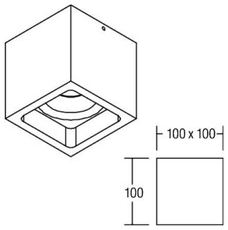 Linienzeichnung einer quadratischen Deckenleuchte, dargestellt in Perspektive und Vorderansicht, mit beschrifteten Abmessungen 100 x 100 und 100.
