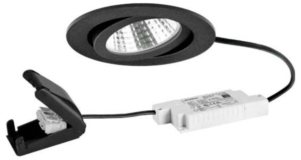 Schwarz versenktes LED-Einbauleuchten-Set mit Zierleiste, verbundenem Netzteil und Federklemmen-Befestigung auf weißem Hintergrund