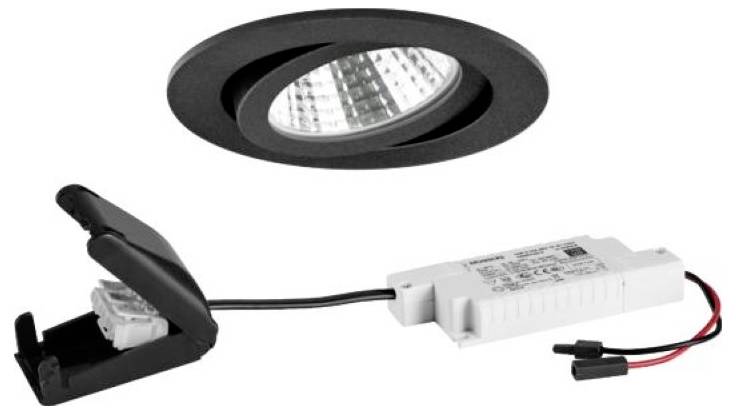 LED-Einbaudownlight-Set mit schwarzer Blende, Montageklammer und Treibereinheit zur Deckeninstallation