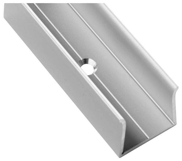 Metall-U-Profil mit glatter Oberfläche und zentralem Durchgangsloch, das für Tragkonstruktionen oder Gleitvorrichtungen verwendet wird.