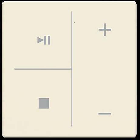 Ein minimalistisches Bedienfeld mit Symbolen: Wiedergabe/Pause, Stopp, Lautstärke erhöhen und Lautstärke verringern in einem Vier-Quadranten-Layout angeordnet.