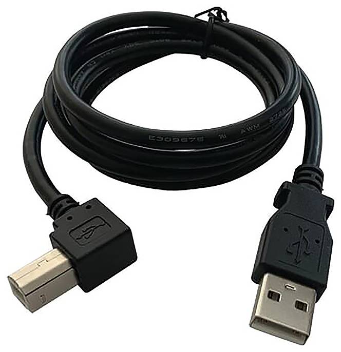 Ein schwarzes USB-2.0-Kabel mit Standard-USB-A- und USB-B-Anschlüssen, ordentlich aufgerollt.
