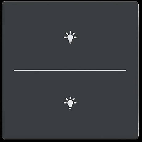 Ein schwarzes Lichtschalter-Panel mit zwei Glühbirnen-Symbolen, die zwei separate Schalter oben und unten auf einer einzigen horizontalen Linie anzeigen.