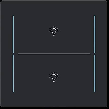 Ein Glübirnensymbol über einer horizontalen Linie und ein weiteres darunter, das einen einfachen Zwei-Birnen-Schalter auf dunklem Hintergrund darstellt.