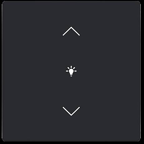 Ein schwarzer quadratischer Touchschalter mit Pfeilen nach oben und unten sowie einem Glühbirnensymbol in der Mitte, was die Dimmerfunktion zur Beleuchtungssteuerung anzeigt.