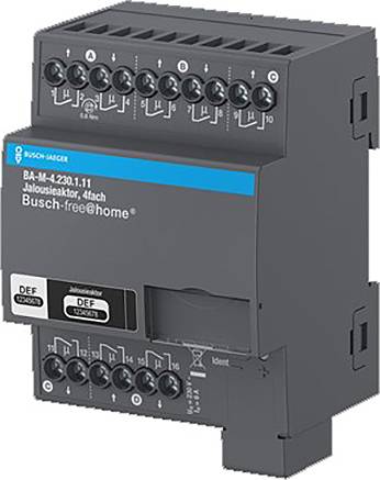 Ein graues Busch-free@home-Gerät mit mehreren Verbindungsanschlüssen und Schaltern, gekennzeichnet als 4-Kanal-Aktor für Hausautomationssysteme.