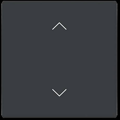 Eine dunkle quadratische Schaltfläche mit einem nach oben zeigenden Pfeil oben und einem nach unten zeigenden Pfeil unten, was Richtungssteuerungen anzeigt.