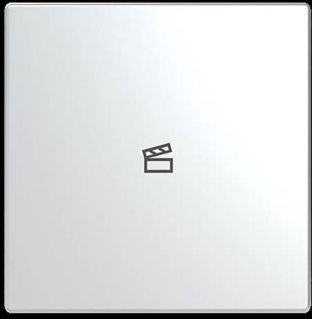 Ein weißes Quadrat mit einem kleinen schwarzen Clapperboard-Symbol in der Mitte, das auf eine medienbezogene Schnittstelle oder Aktion hindeutet.