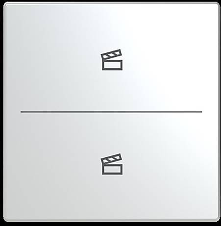 Lichtschalter mit zwei Filmklappenbrett-Symbolen, durch eine Linie getrennt, was auf Dualsteuerung für separate Beleuchtung oder Funktionen hinweist.