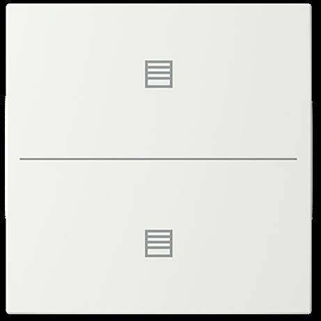 Ein weißer Lichtschalter mit zwei Tasten, von denen jede mit einem einfachen, drei Linien umfassenden Symbol gekennzeichnet ist, das Anpassungs- oder Steuerungsfunktionalität andeutet.