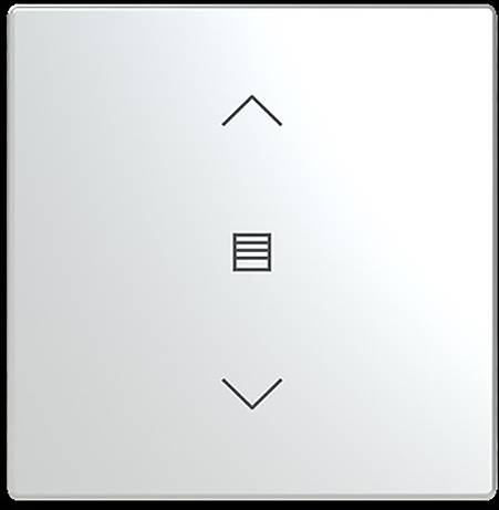 Ein modernes Lichtschalter-Panel mit zwei dreieckigen Tasten für Auf und Ab sowie einer quadratischen Taste in der Mitte für Menüoptionen.