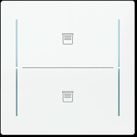 Bild eines Lichtschalters mit zwei identischen Abschnitten, von denen jeder ein kleines rechteckiges Symbol zeigt, das einem Fenster mit horizontalen Linien ähnelt.