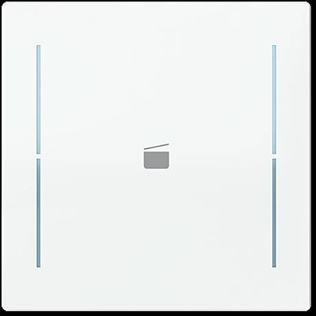 Minimalistische weiße Lichtschalter mit zwei vertikalen blauen Linien auf jeder Seite und einem einzelnen grauen quadratischen Symbol in der Mitte.