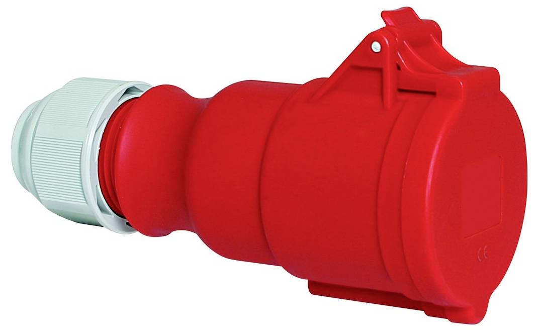 Roter Industrie-Stromstecker mit weißem Anschluss.