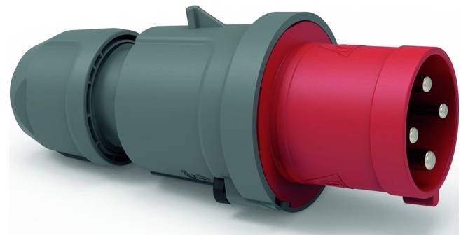 Eine Nahaufnahme eines roten und grauen Industriestromsteckers mit drei runden Stiften, konzipiert für schwere elektrische Verbindungen.