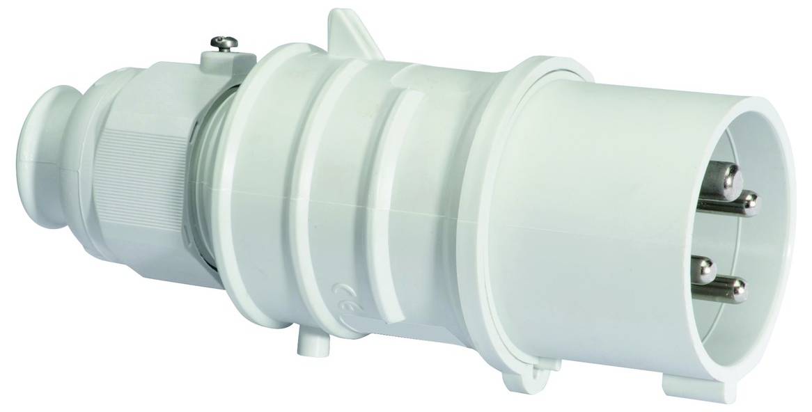 Ein weißer Industrie-Stromstecker mit zylindrischer Form und drei Metallstiften, der für elektrische Verbindungen in schweren Umgebungen verwendet wird.