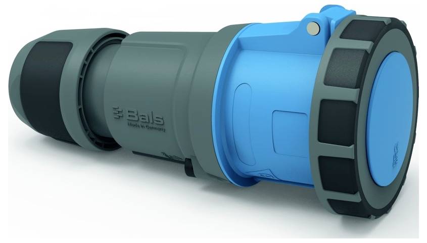 Ein blauer und grauer Elektrostecker im Industriestandard mit robustem Design, auf dem die Marke „Bals