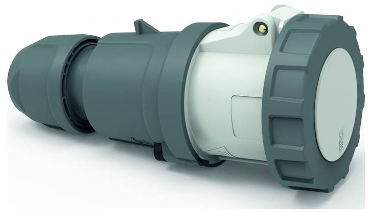 Ein Nahaufnahmebild eines grün-weißen industriellen Stromsteckers mit zylindrischer Form und robustem Design.