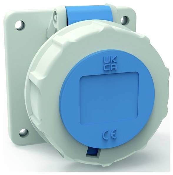 Eine runde, hellgraue Industriesteckdose mit blauer Abdeckung, gekennzeichnet mit „WK CA