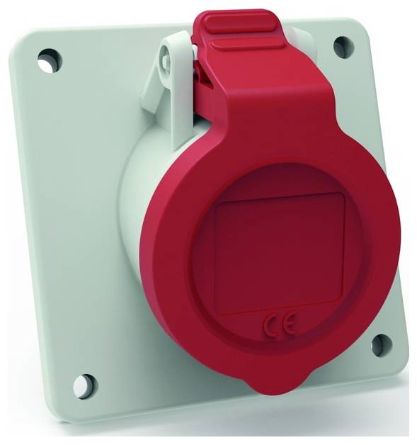 Eine rote Industrie-Steckdose, die auf einer grauen quadratischen Wandplatte mit vier Schraubenlöchern montiert ist, entwickelt für sichere elektrische Verbindungen.