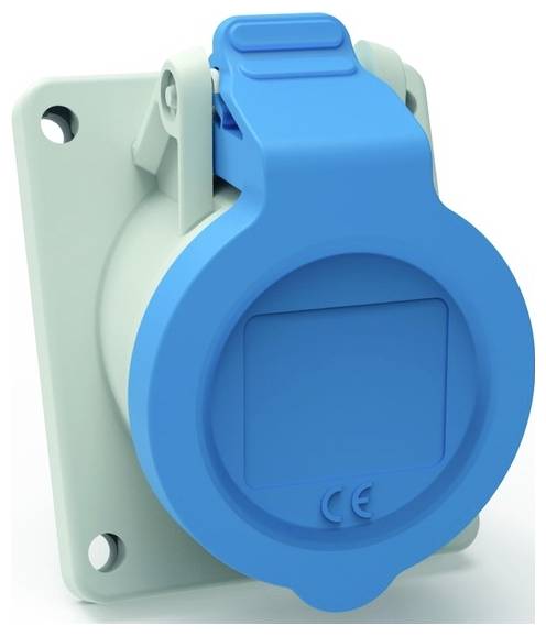 Eine blaue, wetterfeste Elektrosteckdosenabdeckung, die an einer Wandhalterung befestigt ist und zum Schutz von Außenstromverbindungen entwickelt wurde.