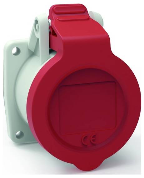 Eine rote und graue industrielle Steckdose mit Abdeckung, die zur Wandmontage vorgesehen ist. Das CE-Zeichen ist auf der Vorderseite der Steckdose sichtbar.