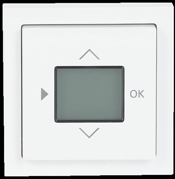Ein digitales Thermostat mit rechteckigem Display zeigt keine Informationen an. Das Gerät hat Navigationstasten – oben, unten und ein seitliches Dreieck.