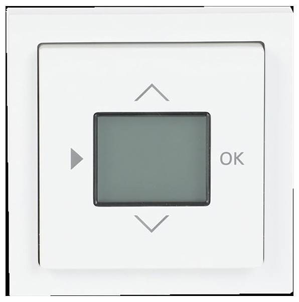 Ein digitales Thermostat mit einem kleinen Display, das Pfeile nach oben und unten anzeigt, eine OK-Taste und einen nach links zeigenden Pfeil zur Navigation.