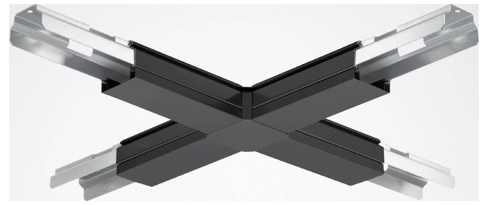 X-förmige schwarze und metallische Struktur, bestehend aus vier miteinander verbundenen Segmenten.