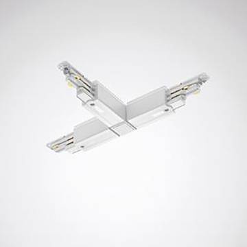 Ein weißer elektrischer Schienensteckverbinder in Kreuzform, der zum Verbinden mehrerer Schienen in einem Beleuchtungssystem verwendet wird.