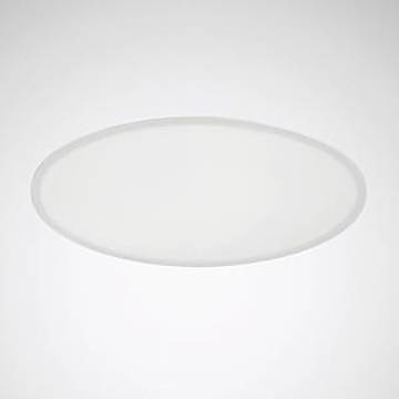 Eine einfache, runde, weiße Deckenleuchte vor einem hellgrauem Hintergrund, die ein minimalistisches Design zeigt, das sich für moderne Innenräume eignet.