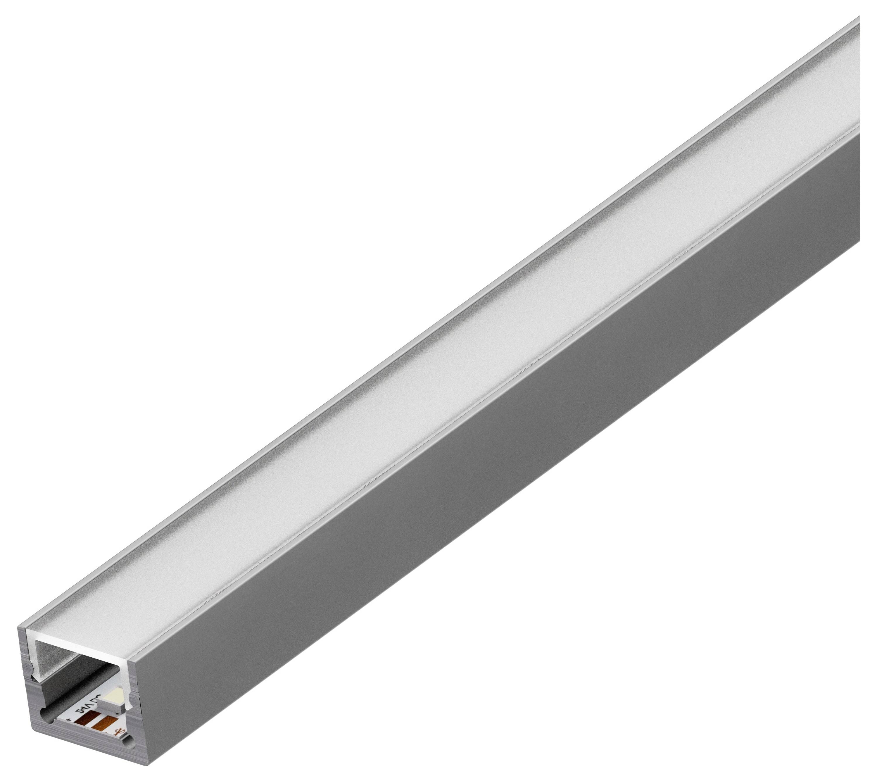 Ein Aluminium-LED-Kanal mit transparenter Abdeckung zur Aufnahme von LED-Streifen, konzipiert für diffuse Beleuchtung in architektonischen Anwendungen.
