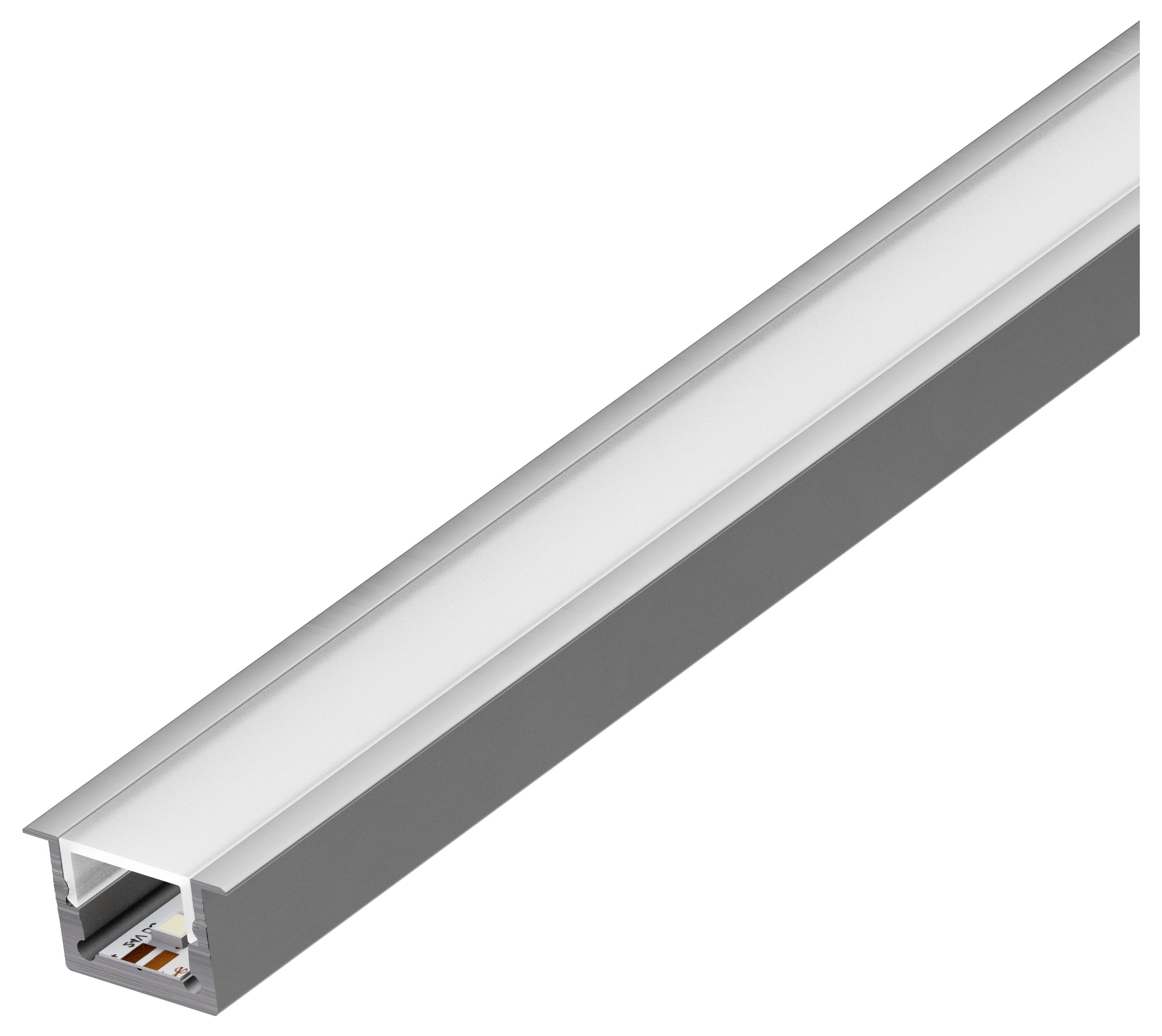 Ein LED-Aluminiumprofil mit matter Abdeckung, das ein elegantes Design zeigt und sich zur Aufnahme von LED-Streifen eignet.