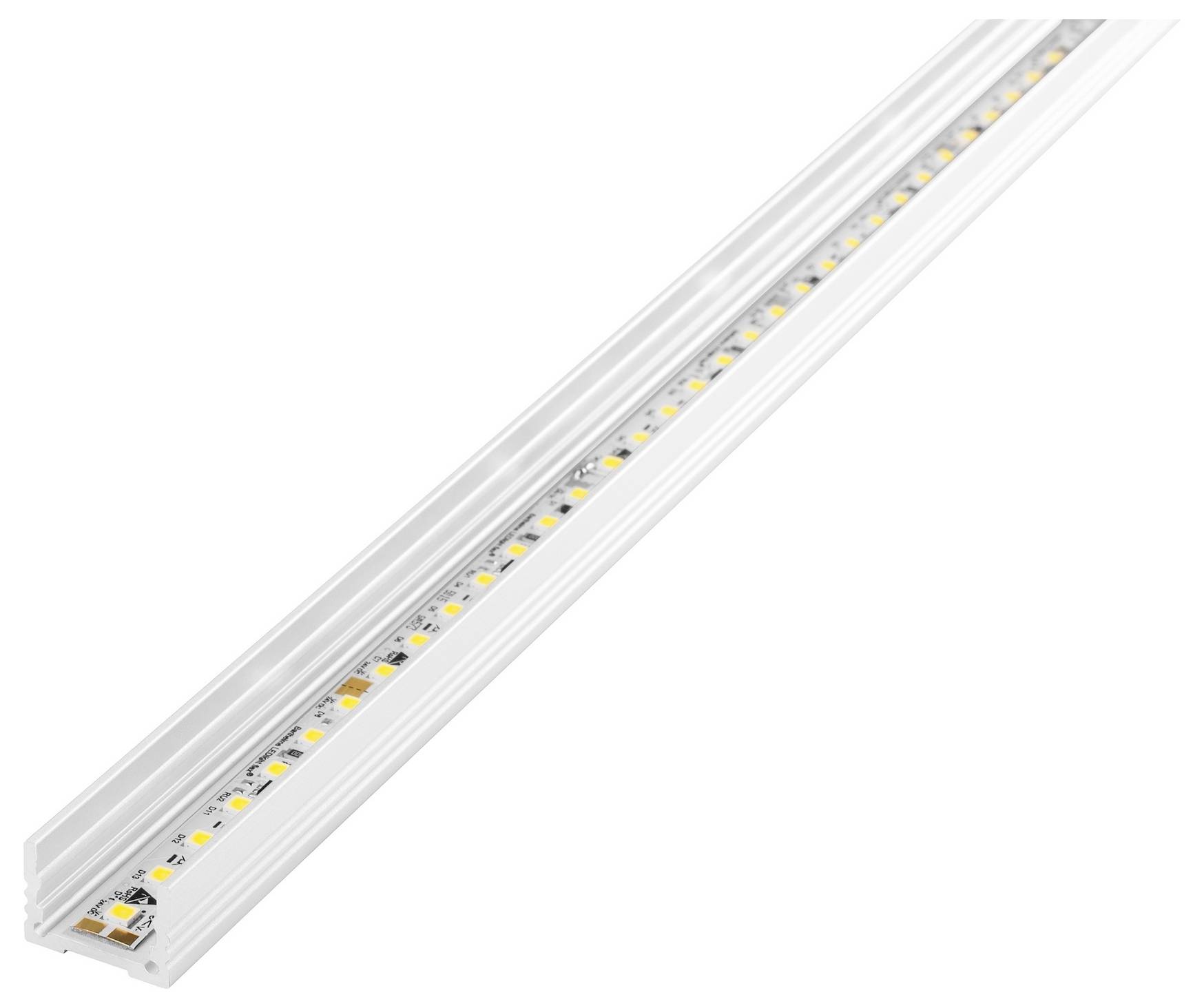 Ein LED-Streifenlicht in einem Aluminiumprofil mit einzelnen LED-Birnen, die gleichmäßig über seine gesamte Länge verteilt sind.