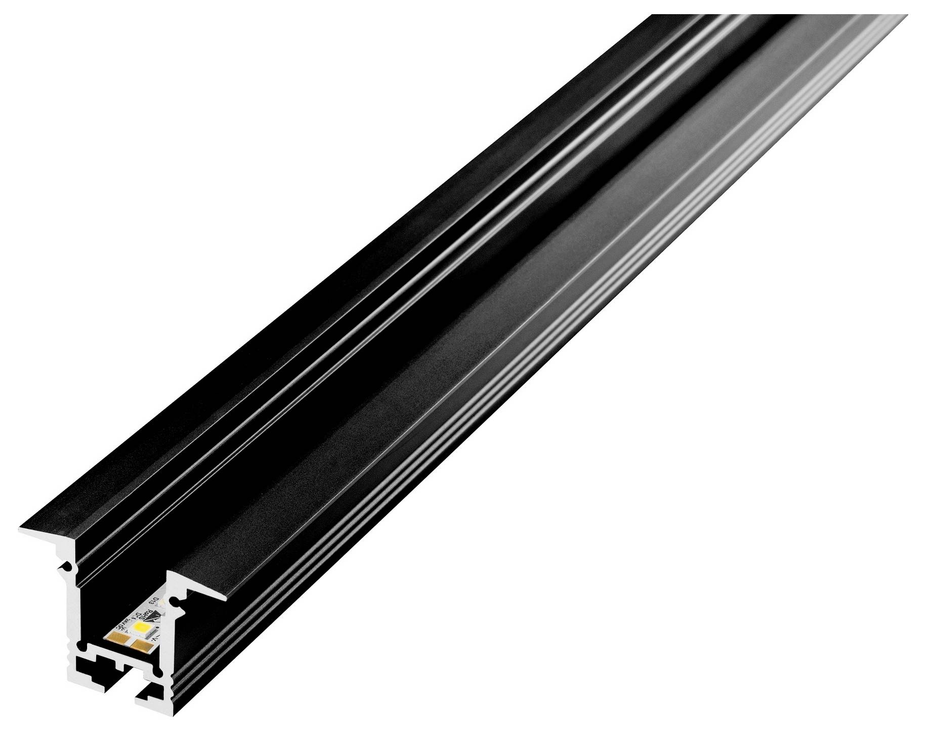 Aluminium-LED-Kanal mit Diffusor, Schrägansicht, schwarze Ausführung, entworfen zur Aufnahme von LED-Streifen, verbessert moderne Beleuchtungslösungen.