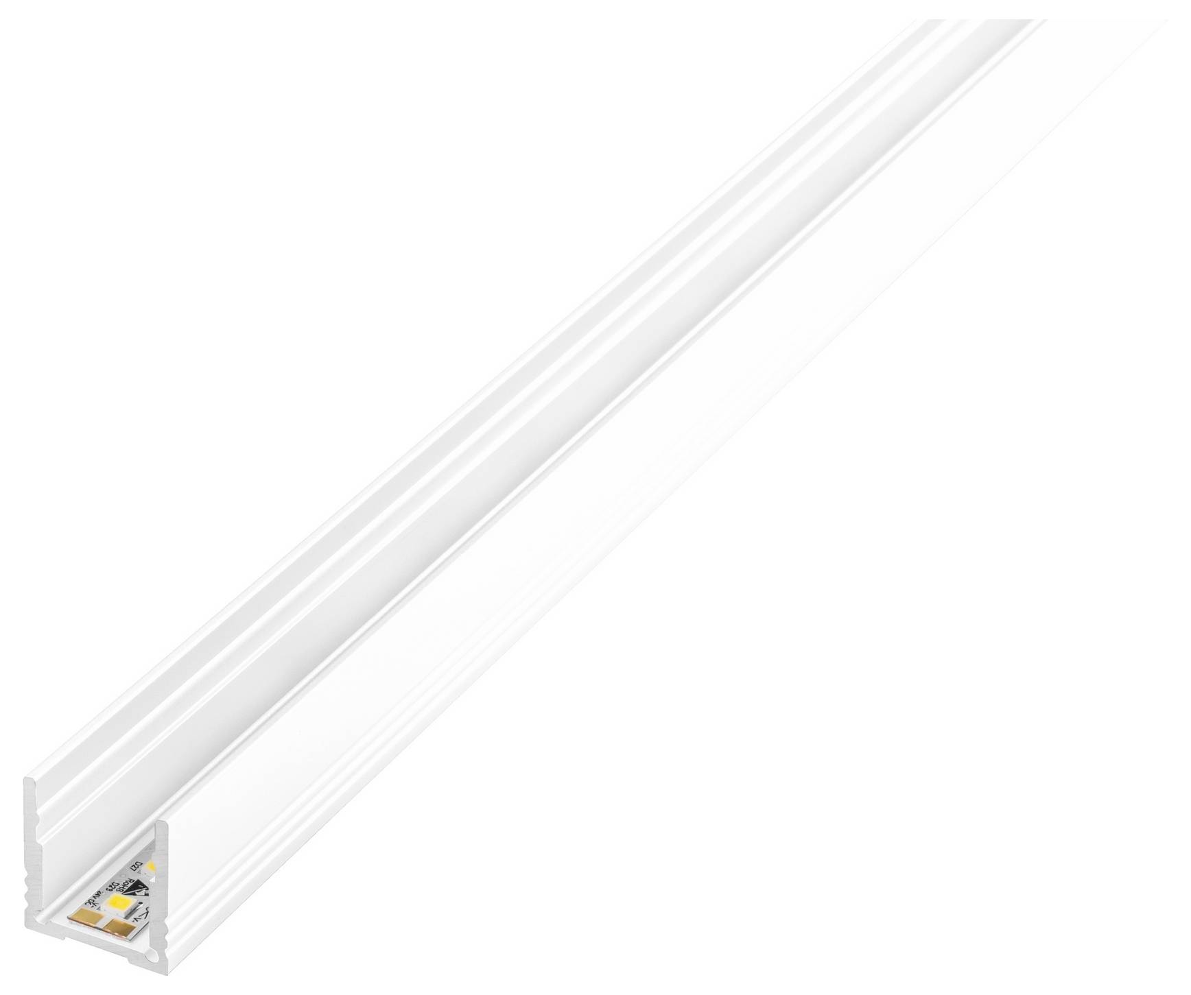 Aluminiumprofil mit integrierter LED-Streifen-Leuchte, geeignet für Unterputz- oder Aufputzmontage, erzeugt gleichmäßige Lichtverteilung, ideal für die Beleuchtung unter Schränken.