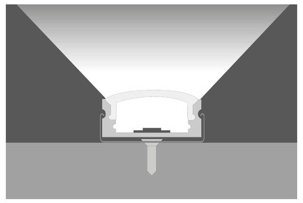 Querschnittsdiagramm einer eingelassenen Bodenleuchte, die in einer Decken- oder Wandnische eingebettet ist und das Gehäuse und die Befestigungsklammer zeigt.