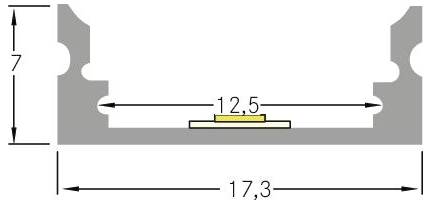 Querschnittsdiagramm eines U-förmigen Kanalquerschnitts mit einer zentrierten Einlage, das die Abmessungen 17,3 Breite, 7 Höhe und 12,5 innere Spannweite zeigt.